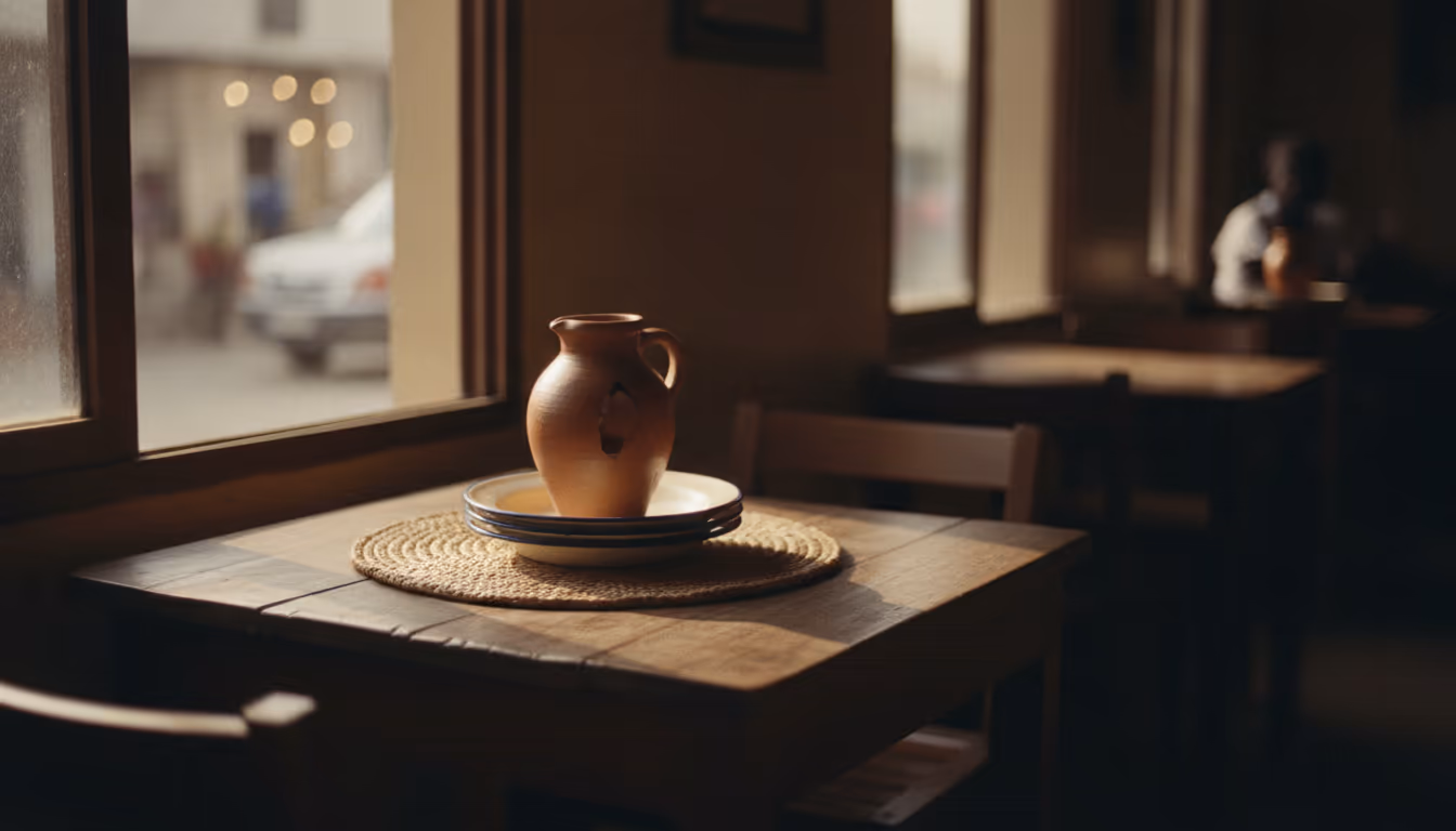 Une table de restaurant à Dakar en fin d'après-midi, une carafe en terre cuite posée sur une assiette